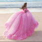 Romantic Poofy Pink Floral Wedding Dresses Off the Shoulder Ball Gown Quinceanera Dress SA933