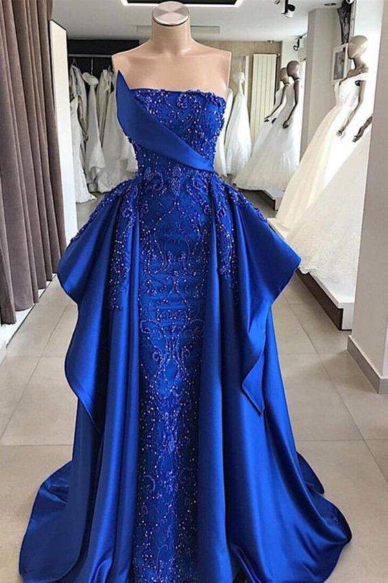 Luxury Royal Blue Lace Evening Dresses A line Prom Dresses Appliques Beads Red Carpet Celebrity Dresses KS3433