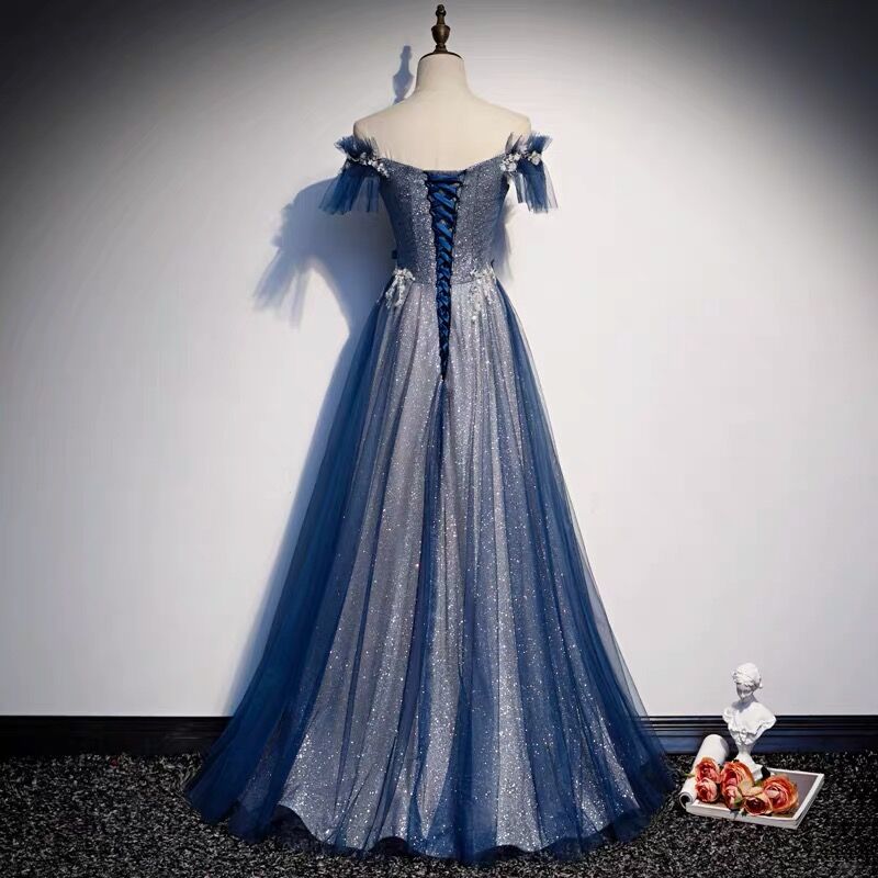 Navy Blue tulle long prom dress blue evening dress A01