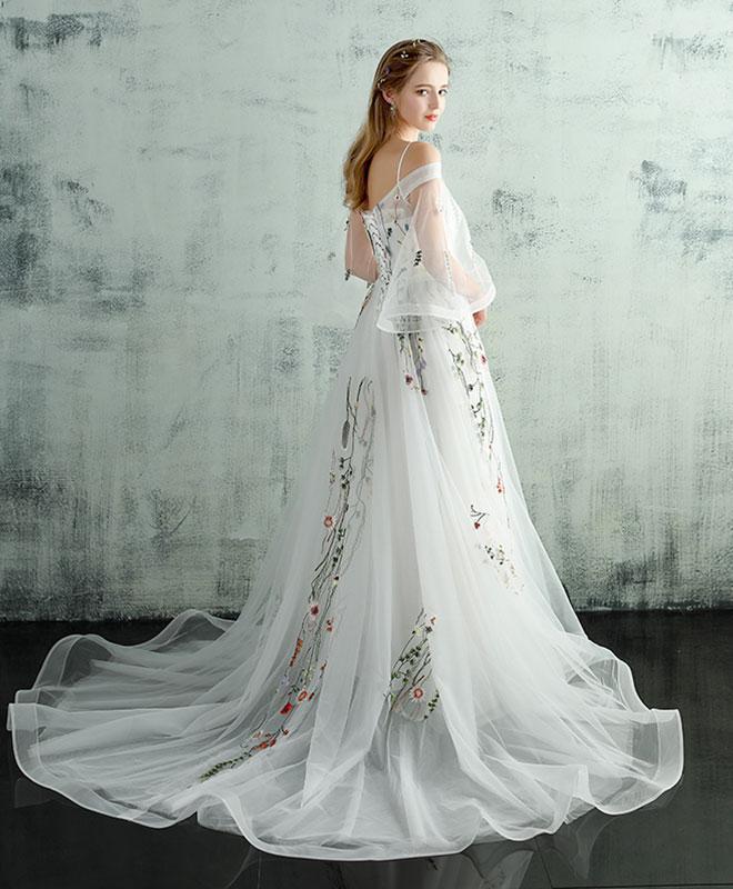 White Tulle Lace Spaghetti Straps Long Evening Dress, Embroidery White Prom Dress KS3796