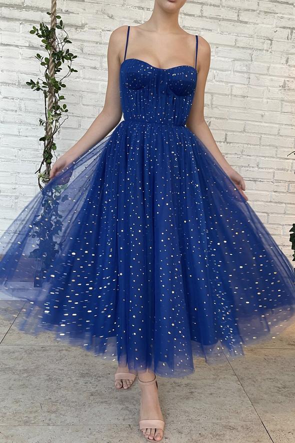 Blue tulle short prom dress A line evening dress SA1051