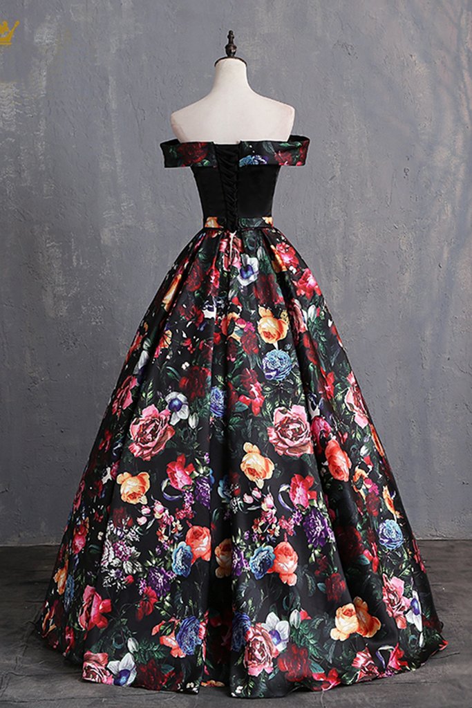 Black Floral Satin Off Shoulder Strapless Long Formal Prom Dress, Evening Dress KS7486