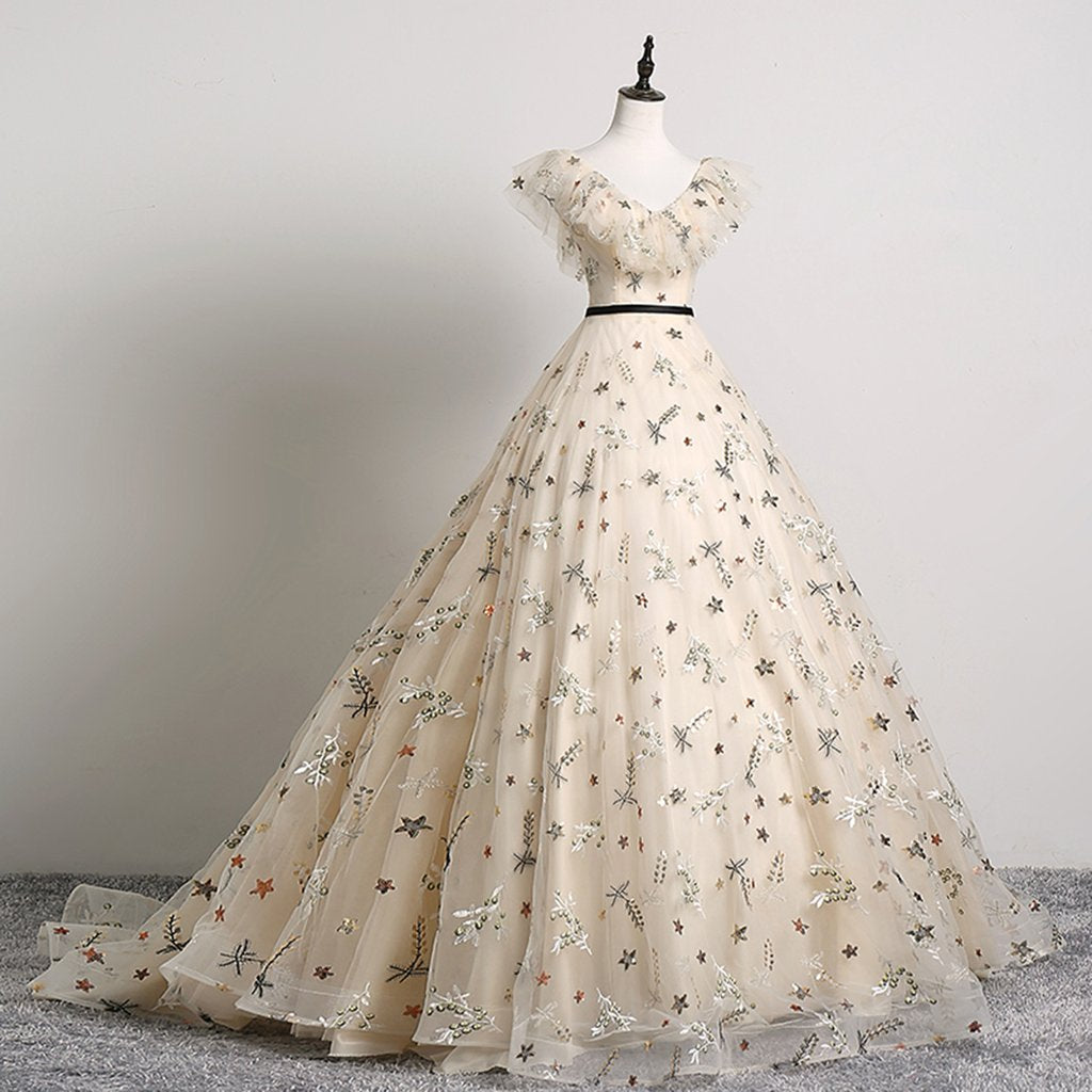 Pretty Champagne Floral Tulle V Neck Floor Length Customize Prom Dress, Formal Dress KS7628