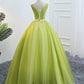 Fresh Green Tulle V Neck Long Lace Up Senior Prom Dress With Applique KS7481
