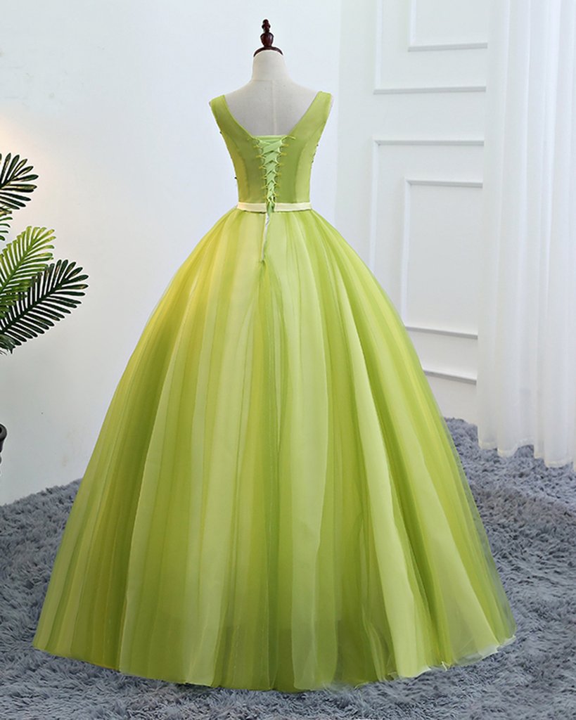 Fresh Green Tulle V Neck Long Lace Up Senior Prom Dress With Applique KS7481