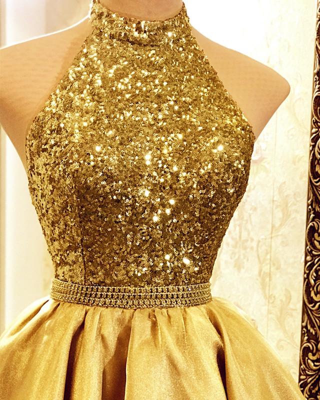 Gold High Low Sequin Organza Prom Dresses Halter Backless Formal Evening Party Gown Dress Robe De Soiree SA1678