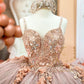 Coffee Beaded Quinceanera Dresses Sexy Spaghetti Neck Appliqued 3D Floral Sweet 16 Princess Ball Gown Pageant Gowns vestido SA1071