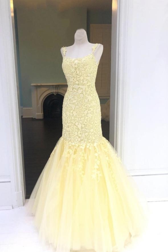 Yellow tulle lace long prom dress mermaid evening dress KS1338