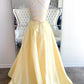 Yellow v neck satin long prom dress evening dress KS1442