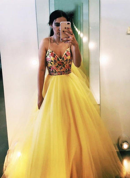 Yellow v neck tulle long prom dress evening dress KS1503