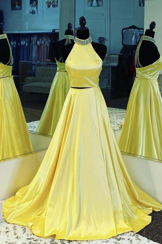 Yellow satin long prom dress two pieces evening dress KS1335