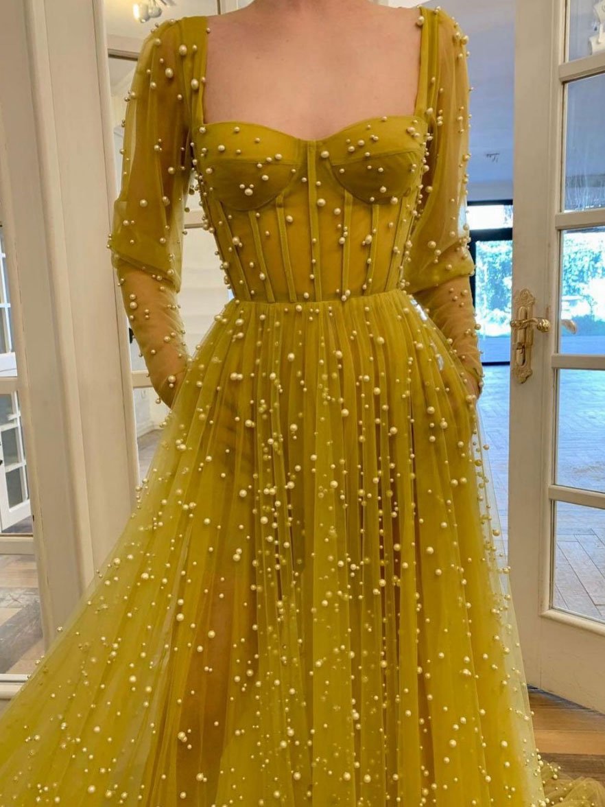 Yellow sweetheart tulle beads long prom dress, yellow evening dress SA271