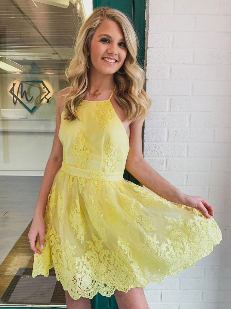 Yellow tulle lace short prom dress, yellow homecoming dress KS7874