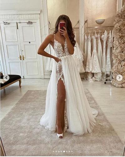 Fashion V-neck A Line White Front Slit Wedding Dress with Appliques T393
