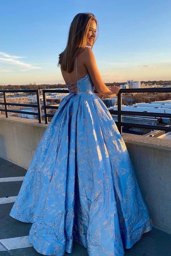 Lace-Up Back V-Neck Blue Long Prom Dress with Appliques KS5416