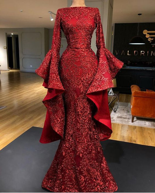 mermaid red long prom dress, sequin formal dress SA730
