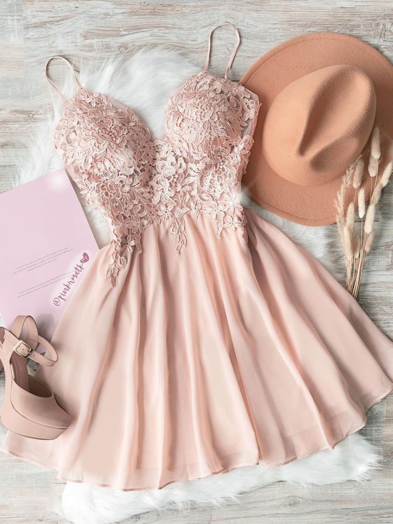Pink sweetheart neck chiffon lace short prom dress lace homecoming dress KS7817