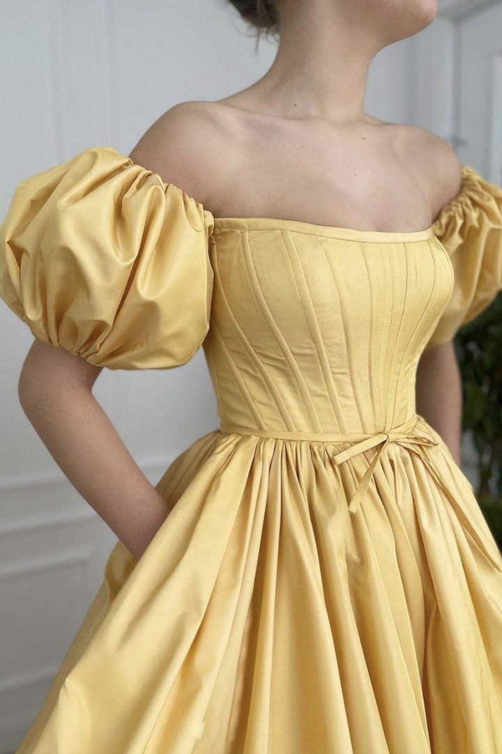 Yellow satin long prom dress yellow evening dress SA1059