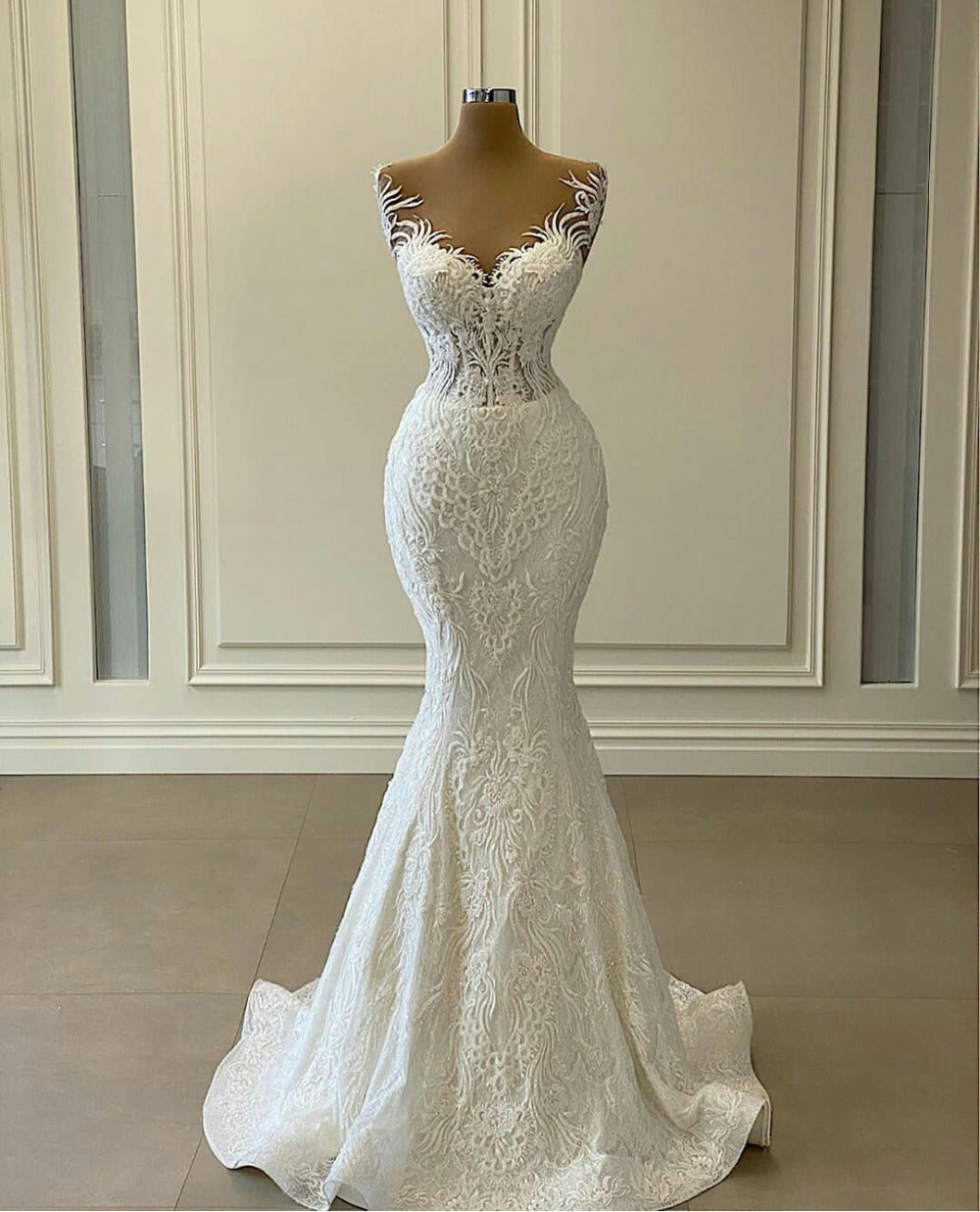 Luxurious Mermaid Wedding Dresses Bridal Gowns With Detachable Train Sheer Jewel Neck Lace Appliques SA1070