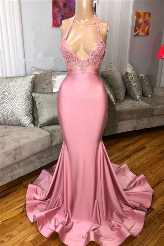 Black Girl Prom Dresses Mermaid Sleeveless Pink Prom dresses | Sexy Beads Appliques Evening Dresses BC4125