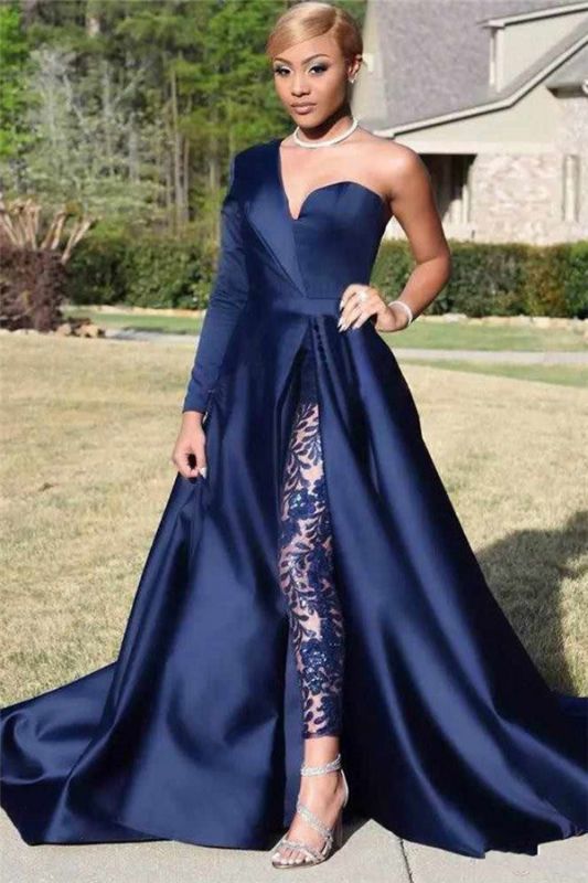 Black Girl Prom Dress One Shoulder Sparkling Lace Sequins Prom Dress | Front Split Glamorous Evening Dresses HL0282
