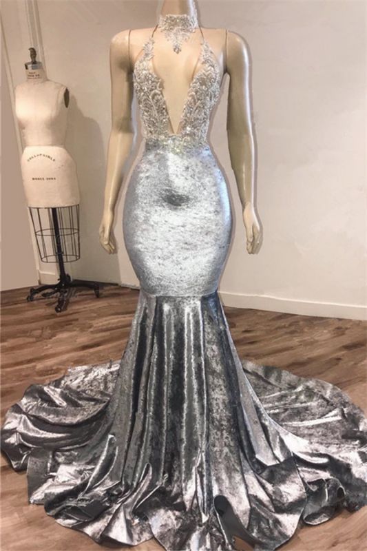 Black Girl Prom Dress Open Back Silver Velvet Prom Dresses Cheap | Mermaid Sexy V-neck Crystals Appliques Formal Evening Gowns MQ0131