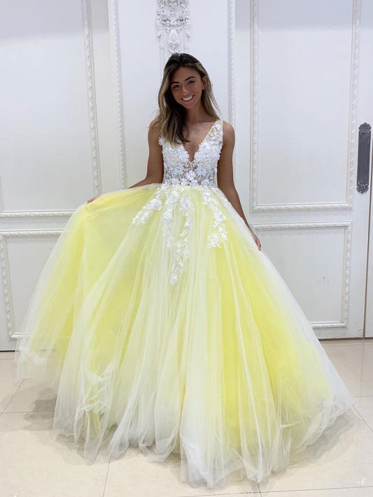Yellow v neck tulle lace long prom dress yellow tulle lace formal dress KS6947