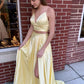 Yellow satin long prom dress two pieces evening dress KS1363