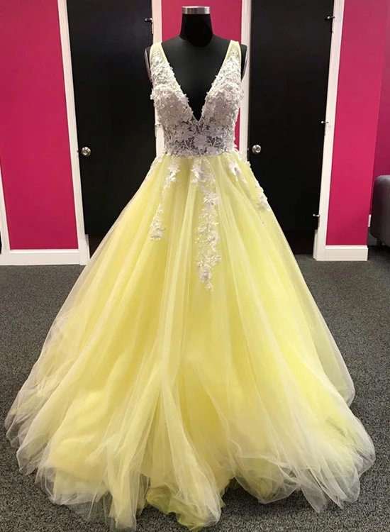 Yellow v neck tulle lace long prom dress, evening dress KS2133