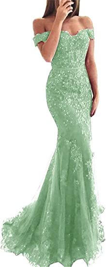 Lace beaded tulle maxi evening dress off the shoulder mermaid formal party dress SH558