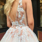 Pink v neck tulle lace long prom dress, pink tulle evening dress B458