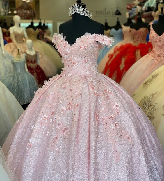 tulle princess off shoulder long formal prom dress, long strapless pink flower appliqués evening dress N1350