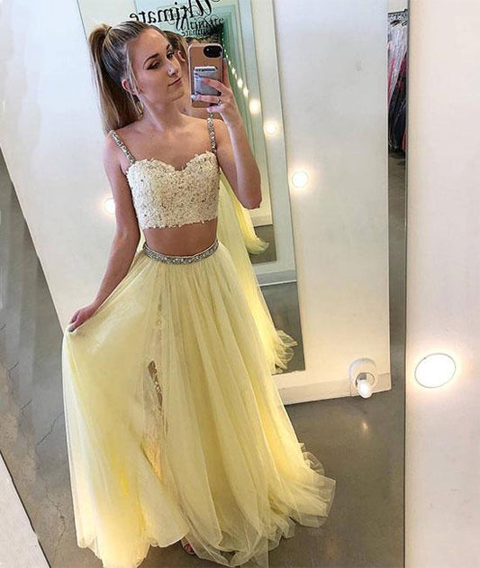 Yellow two pieces lace tulle long prom dress, yellow evening dress KS4836