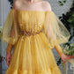 Yellow tulle lace long prom dress party dress A45