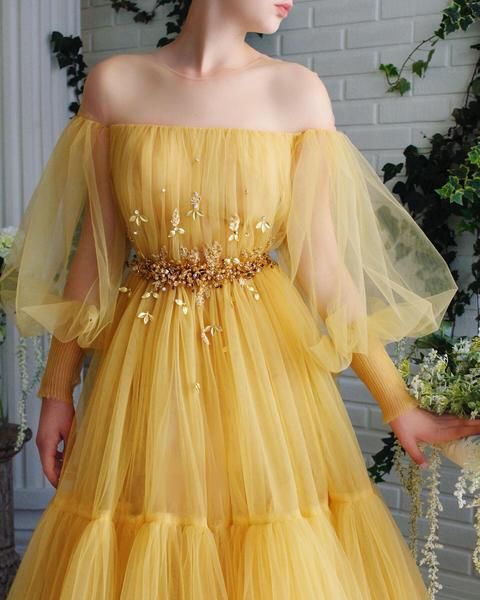 Yellow tulle lace long prom dress party dress A45