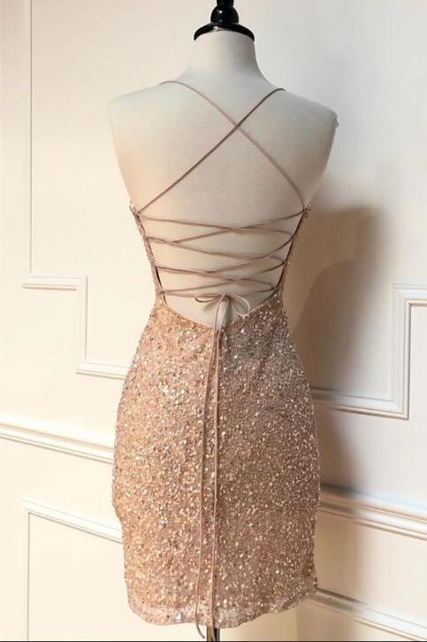 Sparkle Straps Tight Peach Sequins Short Homecoming Dress SA392