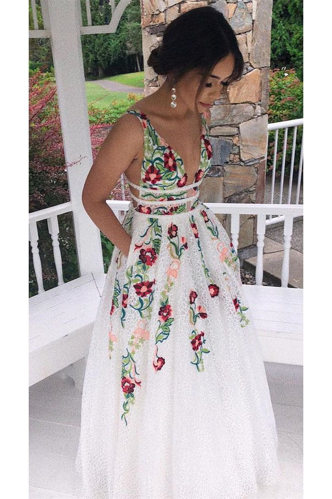 Charming V Neck Floral Embroidery Long Lace Prom Dress with Pocket KJ1 – shinydress