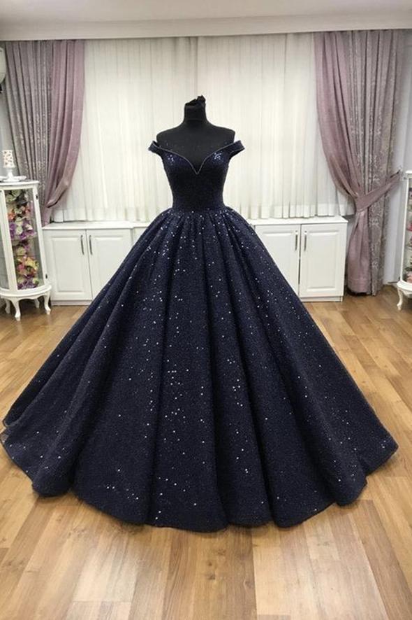 Blue sequins long ball gown dress formal dress AA03