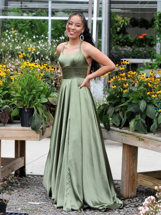 Simple green satin long prom dress, green evening dress SA163