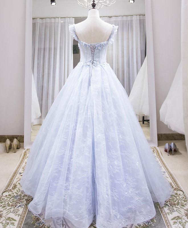 Light blue tulle lace long prom dress, blue evening dress SA26
