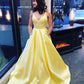 Yellow v neck satin long prom dress, yellow evening dress KS1974