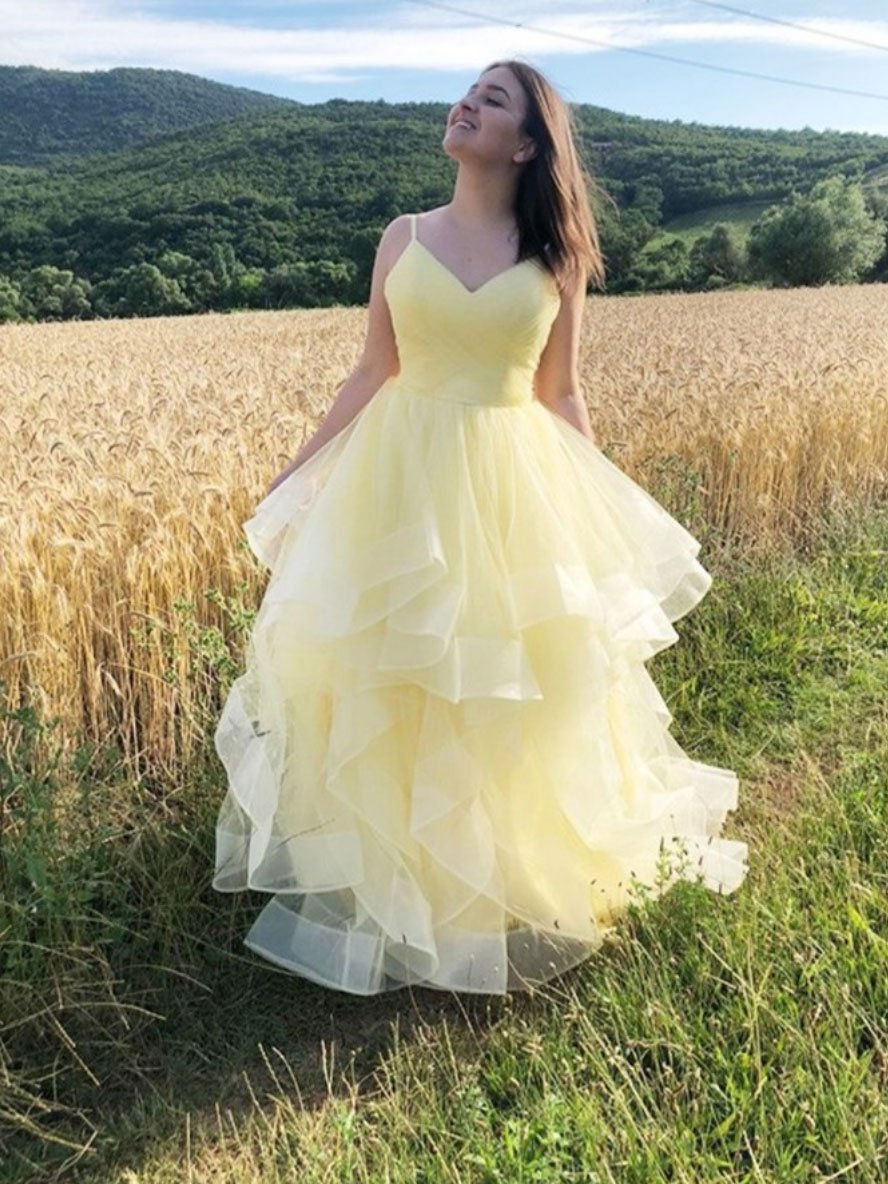 Yellow v neck tulle long prom dress, yellow tulle formal dress KS8165