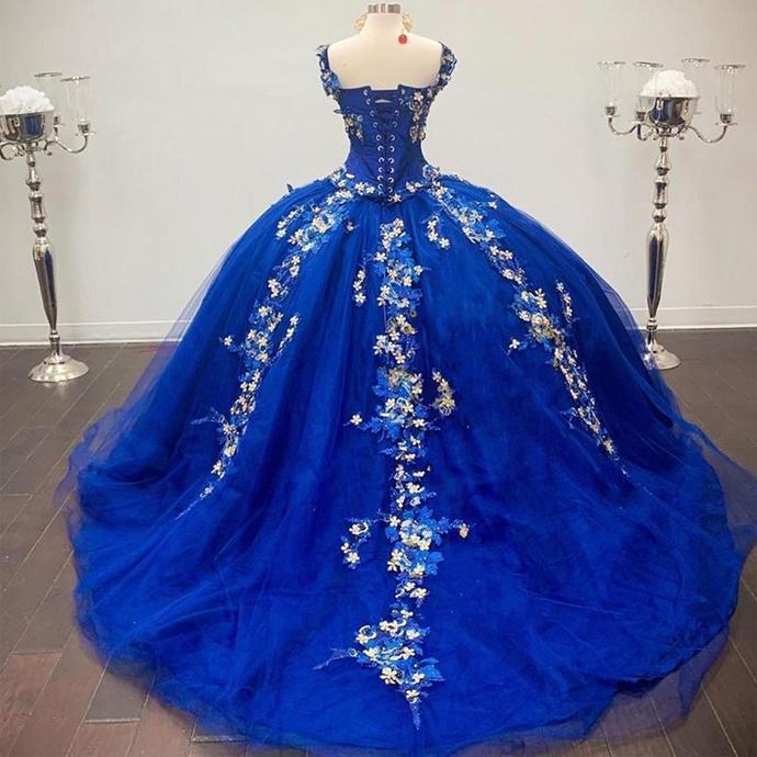 Royal Blue Ball Gown Quinceanera Dresses Off the Shoulder Beaded 3D FLowers Sweet 16 Dress Girls Party Gowns vestidos de quinceañera N1487