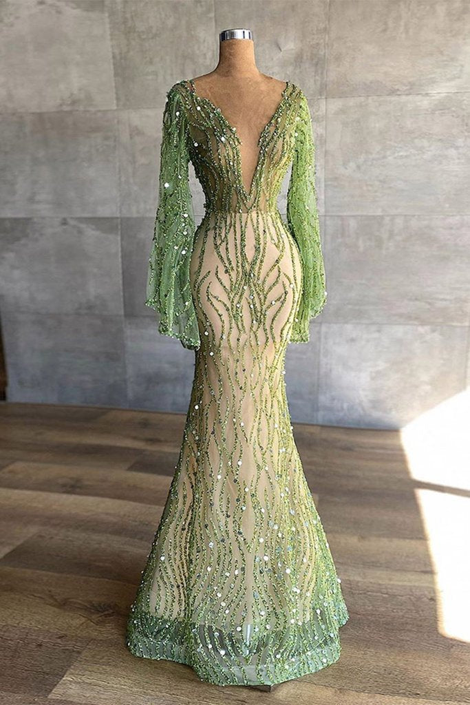 Sexy Deep V Neck Green Prom Dress Full Sleeve Crystals Sequined Mermaid Fashion Evening Gown Pageant Dresses KS7126