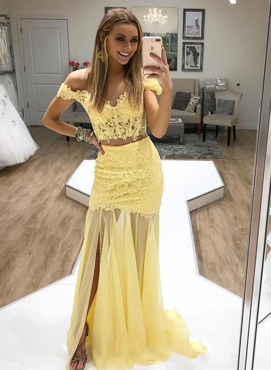 Yellow lace two pieces long prom dress, evening dress KS2056