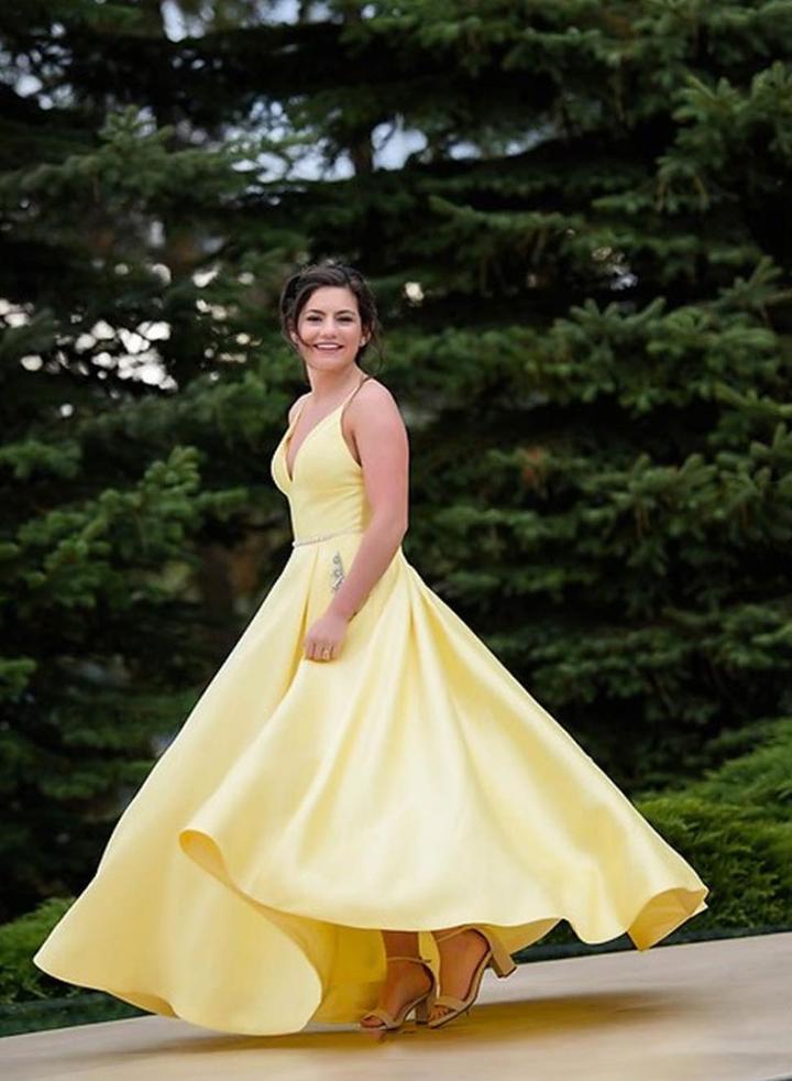Yellow v neck satin long prom dress, simple evening dress KS1693