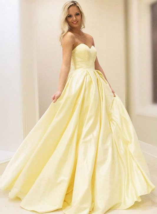 Yellow sweet neck satin long prom dress, yellow evening dress KS2276