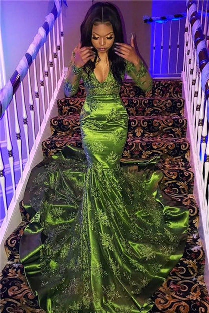 Black Girl Prom Dress  Long Sleeve Lace Green Prom Dresses for Juniors | Sexy V-neck Mermaid Evening Gowns JY0007