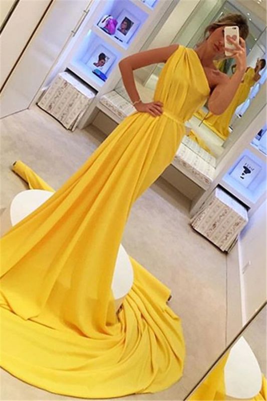 Yellow One-Shoulder A-Line Prom Dress | Gorgeous Sleeveless Long Evening Gown D0380