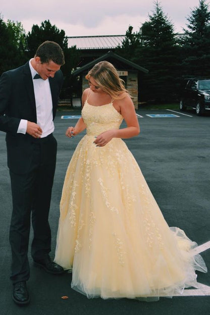 Hot Yellow A Line Straps Lace Tulle Long Prom Dress Graduation Prom Dress SH046